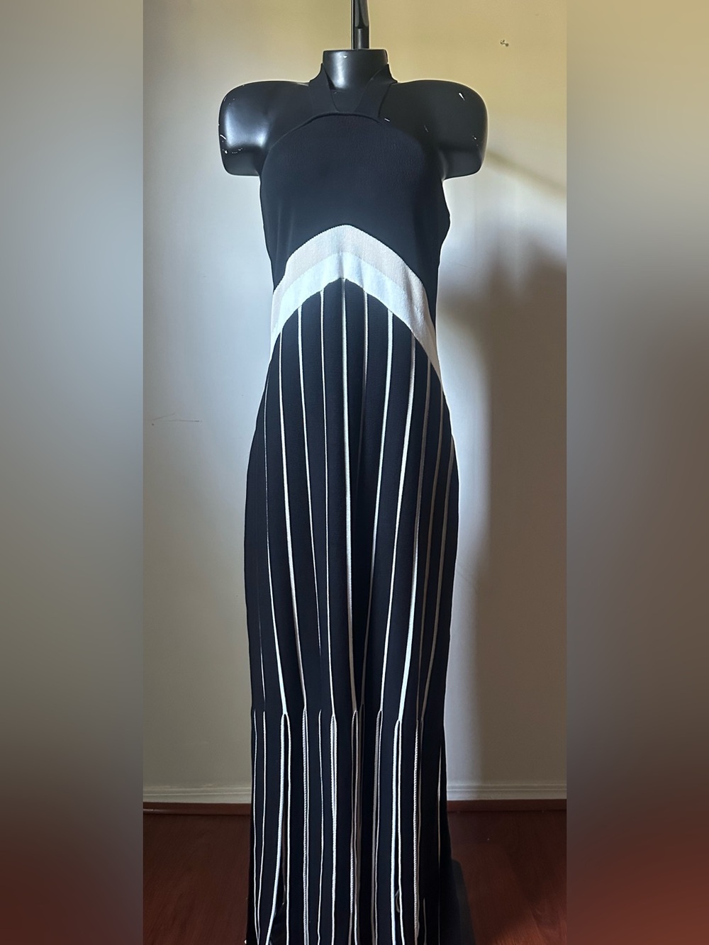 Ramy Brook Black and Cream Vertical Stripe Knit fringe Dress